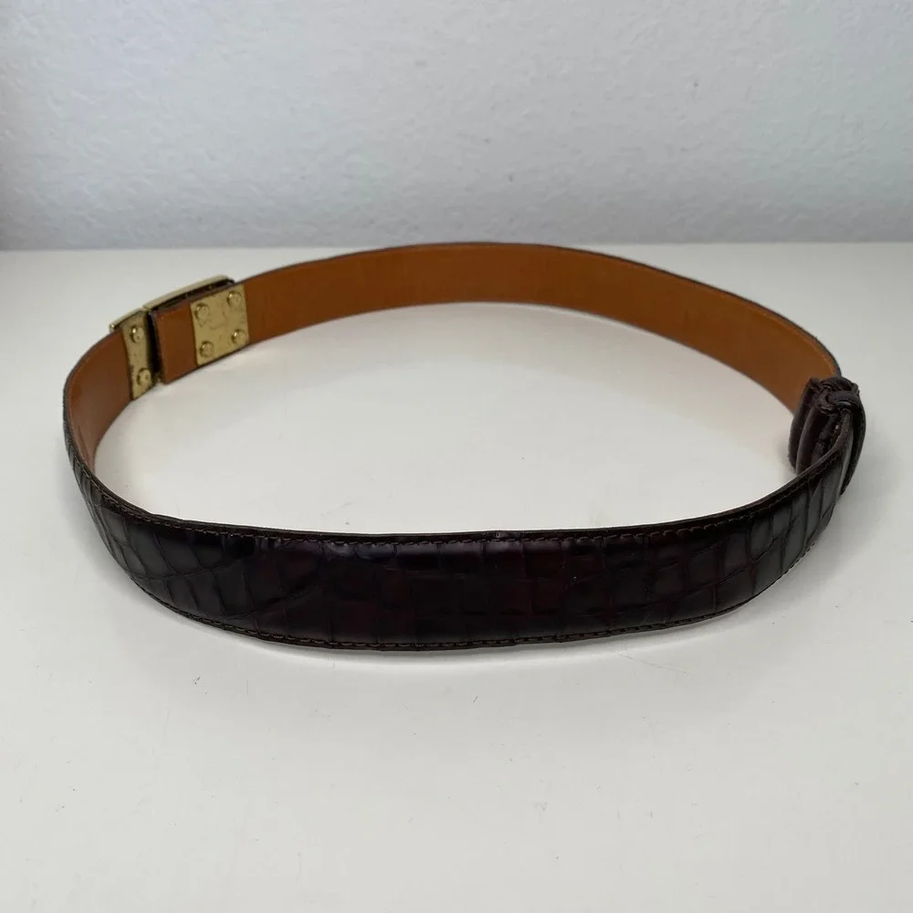 DKNY‎ Vintage Burgundy Croc Embossed Leather Plaque Buckle Belt P/S Made USA